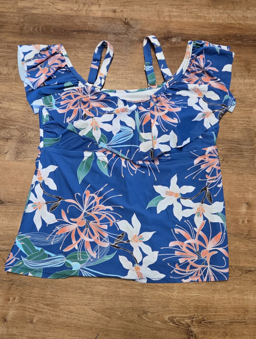 Raisins Curvy Blue Pink White Coral Floral Ruffle Tankini Top 20W